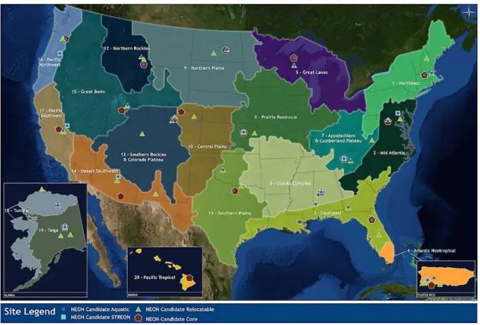Fig. 1. NEON’s 20 eco-domains and their associated ecological research sites. “Core sites” monitor the ecosystem continuously for 30 yr while “relocatable sites” are moved every 5–10 yr in order to address specific research questions in a given domain