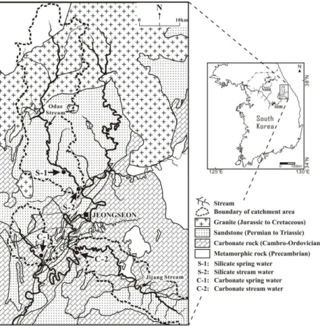 Fig. 1. Map showing the basement lithology and sampling locations of the studied catchments, two uppermost tributaries of the South Han River