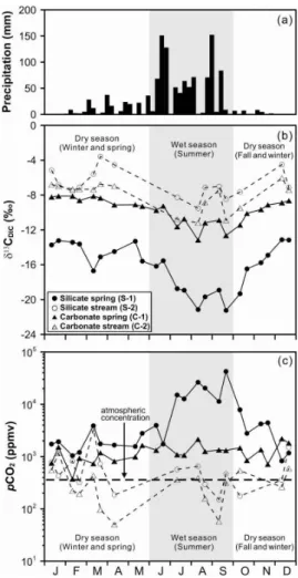 Fig. 2. Amount of precipitation (a), δ 13 C DIC values (b), and δ pCO 2 (c) of waters from the silicate and carbonate catchments during 2005.