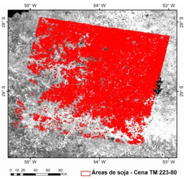 Figura 2. Imagem MODIS/NDVI referente ao mês de  fevereiro, ano 2006. As áreas em vermelho indicam  áreas de soja mapeadas na cena 223-080 do sensor  TM/Landsat 5, utilizadas como referência para obter  os valores de média e desvio-padrão 