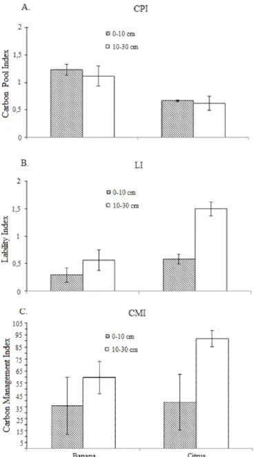 Table 2. Carbon stocks (Cc), and particulate (POM)  and complexed organic matter (COM) C at 0-10 and  10-30 cm depth, of a Yellow Ultisol under banana  and citrus cultivation, and under native forest in the  irrigated perimeter of Platô de Neópolis/Sergipe