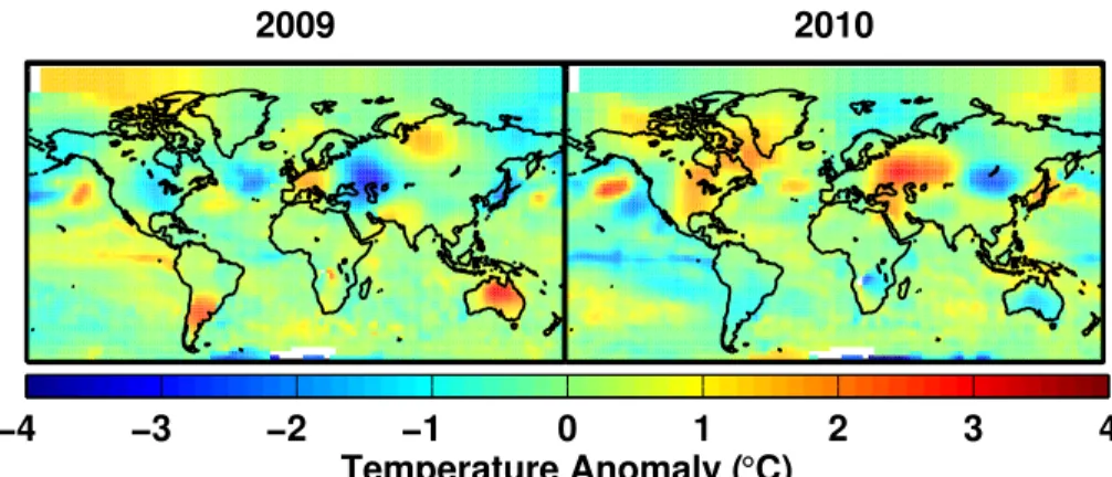 Fig. 4. The August surface temperature anomalies from GISS for 2009 (left) and 2010 (right) in degrees Celsius
