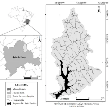 Figura 1. Mapa de localização da área de estudo Machado (2006) considera a Lei Municipal nº 6.087/1981  (Juiz de Fora, 1981) um avanço na proteção da represa, mas  apresenta, como ressalva, que ela é baseada em critérios pouco  cientíicos estando mais liga