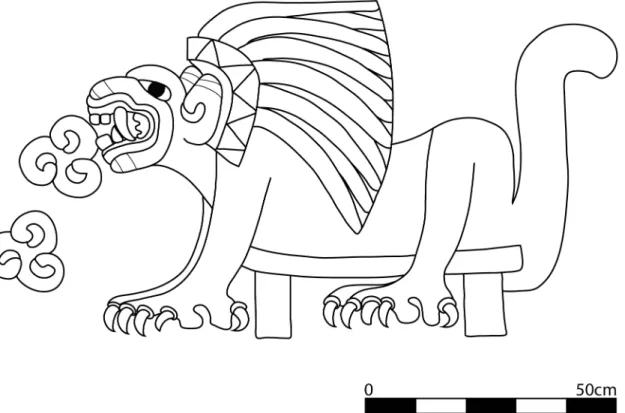 Fig 4. Line drawing of puma devouring hearts. From the Tetitla apartment compound, Portico 13, Mural 3