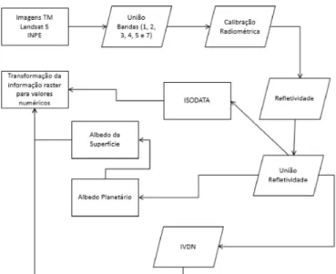 Figura 3. Fluxograma do sistema de processamento  das  imagens  do  sensor  TM  e  a  classificação  não  supervisionada pelo método ISODATA para a Bacia  Hidrográica  do  Igarapé  Preto  (BHIP)  e  do  Igarapé  Canela Fina (BHICF), município de Cruzeiro d