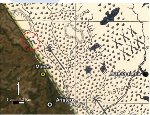 Figura 7 – Aristeu e Deográcias. Detalhe da primeira orelha de Grande sertão: veredas,   com imagens de satélite (fonte: Google Earth) 