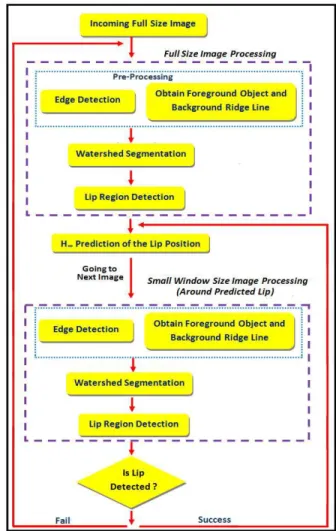 Fig. 1. Overall system flow of the lips detection and tracking system 