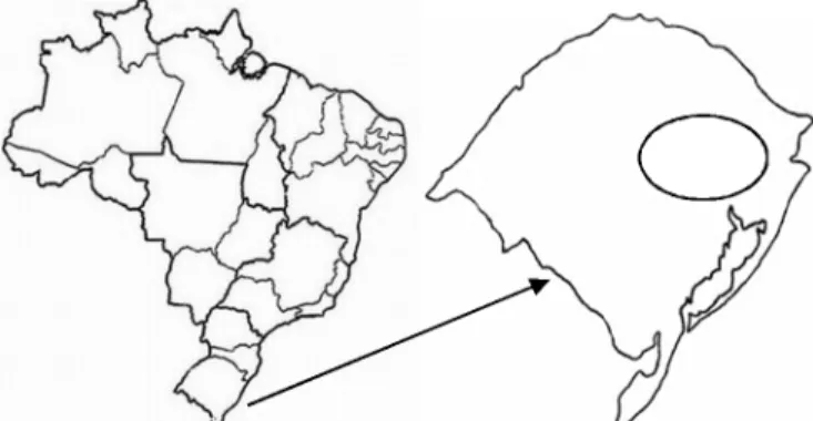 Figura 1.  Mapas do Brasil e do Rio Grande do Sul com  destaque, no último, para localização aproximada da  Encosta Inferior do Nordeste