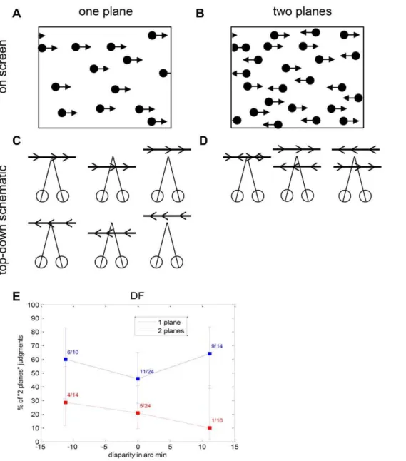 Figure 14. Experiment 3.3: One (A/C) vs two (B/D) planes, defined by moving dots. Each plane was defined by dots moving with the same speed and direction, either left or right
