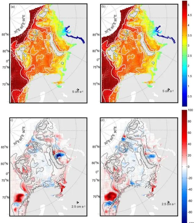 Fig. 9. Vertically integrated salt content (kg m −2 , color contours on a logarithmic scale) and barotropic velocities (arrows) for (a) summer and (b) winter from the fifth year of integration of the control model run (without tides)
