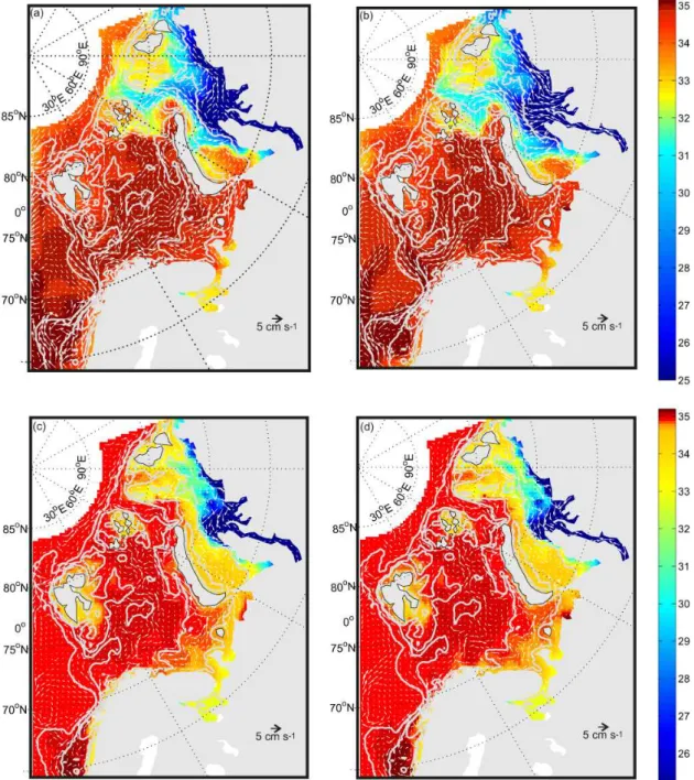 Fig. 7. Mean sea surface salinity (color contours) and velocity (arrows) for (a) winter and (b) summer from the fifth year of integration of the control model run (without tides)