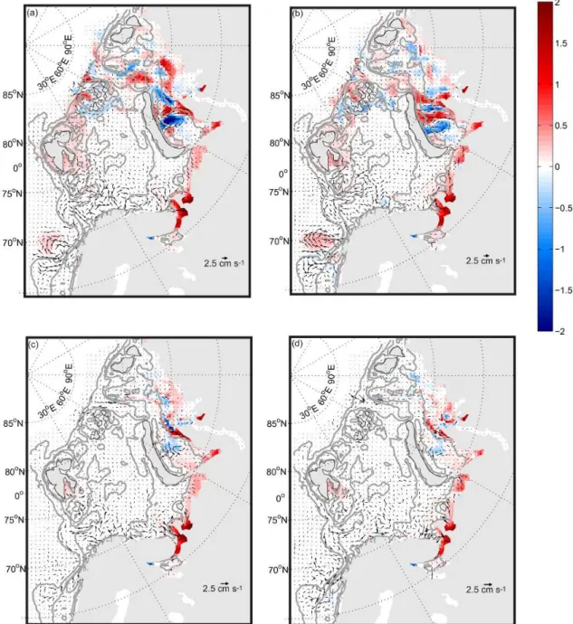 Fig. 8. Mean difference in sea surface salinity (color contours) and velocity (arrows) between the model run with tides and the control run for (a) winter and (b) summer from the fifth year of model integration