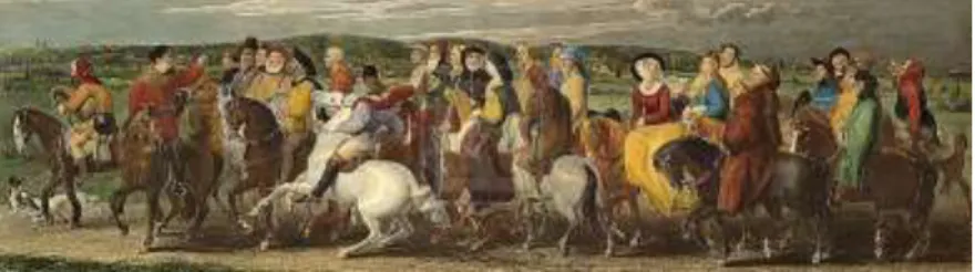 Fig. 1. Thomas Stothard. The Pilgrimage to Canterbury (1806-7)  Óleo em Painel de Madeira,  31,8 x 95,2 cm, Tate Gallery, London