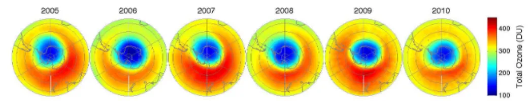 Fig. 2. October mean fields of OMI total ozone over the latitudes 30 ◦ S–90 ◦ S.