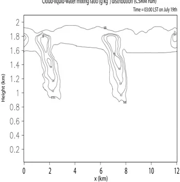 Fig. 8. Time series of (a) LWP (g m −3 ) averaged over the horizon- horizon-tal domain and (b) effective radius (micron) conditionally averaged over the cloudy regions for the CSRM run, the GCM run, and the MODIS observation.