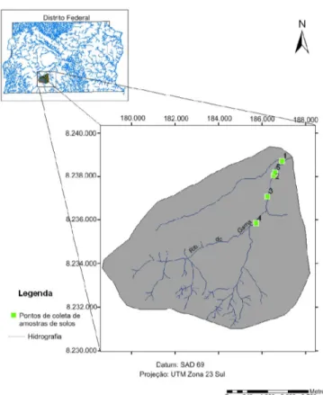 Figura 1. Mapa  de  localização  da  microbacia  estudada do Ribeirão do Gama no Distrito Federal e  dos cinco pontos amostrais