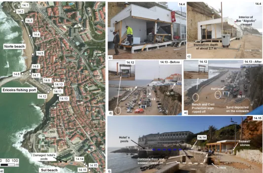fig. 6 – field survey at Ericeira: a) framework; b) algodio bar destroyed; c) Bar and road   cleaned from debris; d) and e) Point 14.13 before and after the storm; f) Damage at Sul beach.