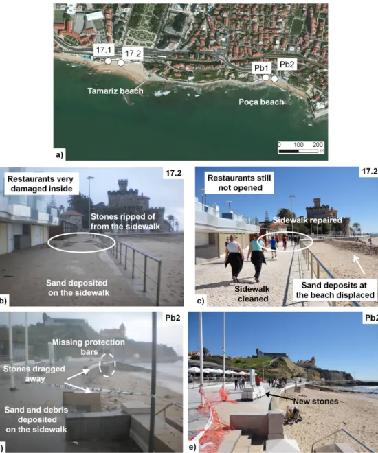 fig. 7 – field survey at Estoril: a) framework; b) sand deposited on the sidewalk and stones ripped  away on Point 17.2; c) Point 17.2 cleaned; d) Damage at the Poça beach; e) new flagstones available.