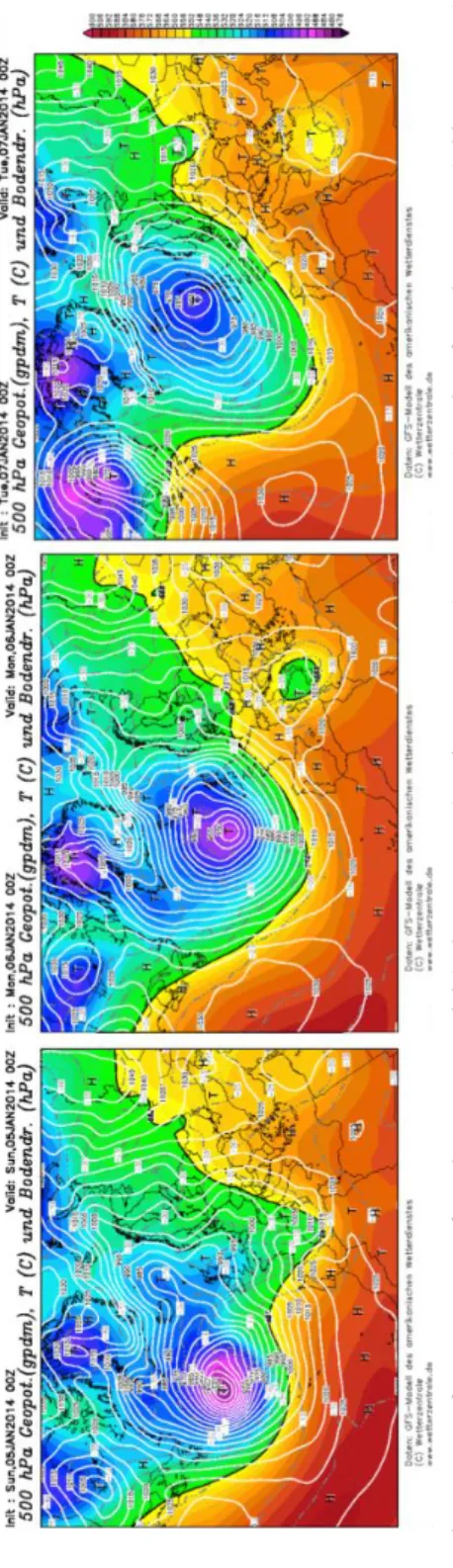 fig. 2 – Gfs forecasts maps of 500 hPa geopotential (colour contours) and temperature (grey contours), and surface air pressure (white contours),  January 5th to 7th at 00UtC (www.wetterzentrale.de)