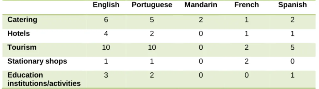 TABLE 3 CROSS REFERENCING BETWEEN 2 VARIABLES: AREA OF ACTIVITY AND IDENTIFIED LANGUAGES  (WEBQDA O.9) 