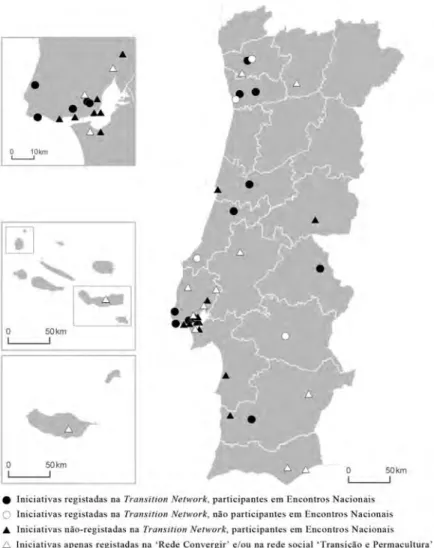 fig. 1 – Distribuição territorial das iniciativas de transição em Portugal.