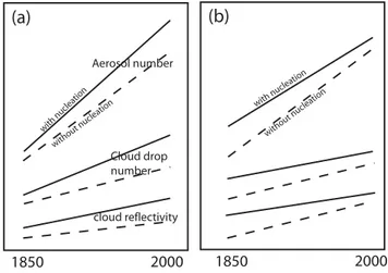 Fig. 3. Schematic showing how the inclusion of boundary layer nu- nu-cleation can either increase or decrease the change in cloud albedo (1Rc) between 1850 and 2000