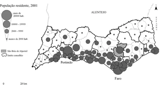 fig. 1 – População residente em 2001 (algarve) e localização do concelho de s. Brás de alportel.