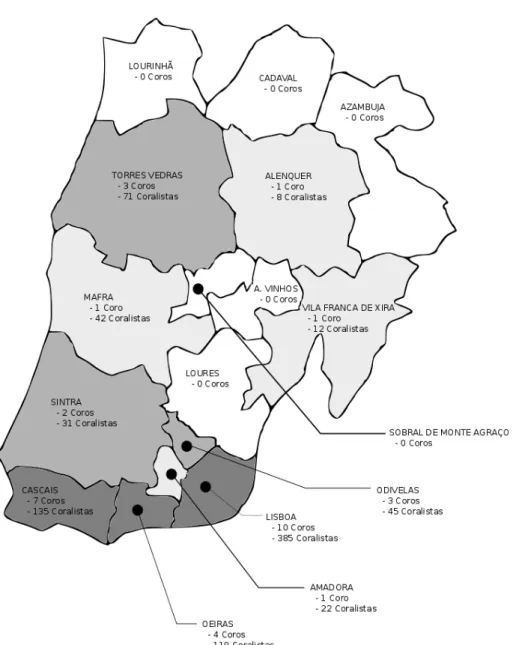 Figura 2. Mapa do distrito de Lisboa, em 2017, com distribuição dos coros e número de crianças (coralistas), por  concelho