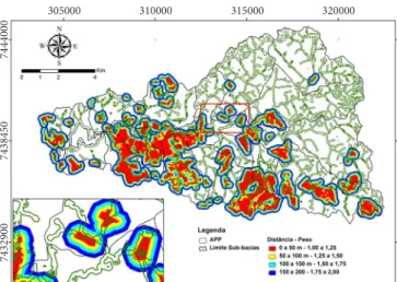 Figura 3. Indicador de proximidade de área de preser- preser-vação permanente (APP) a áreas urbanas na bacia do  rio Jundiaí-Mirim, SP