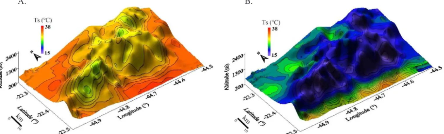 Figura 4. Temperatura média da superfície para fevereiro (A) e para agosto (B) de 2003 interpolados para 349 pixels  extraídos dos produtos MOD43 e MYD11 às 10 h 30 min (hora solar) sobre a Serra da Mantiqueira