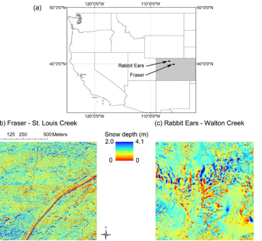 Figure 1. (a) Location of the Fraser and Rabbit Ears study areas in the state of Colorado (in grey)