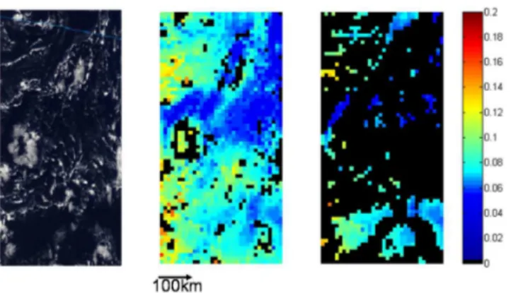 Fig. 2. Example of the consequences of removing MODIS aerosol retrievals collocated with more than 20% cloud fraction