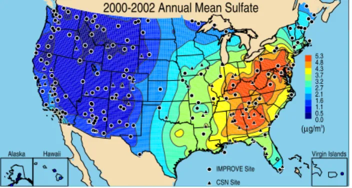 Fig. 2b. IMPROVE and CSN 2008–2010 annual mean particulate sulfate ion concentrations