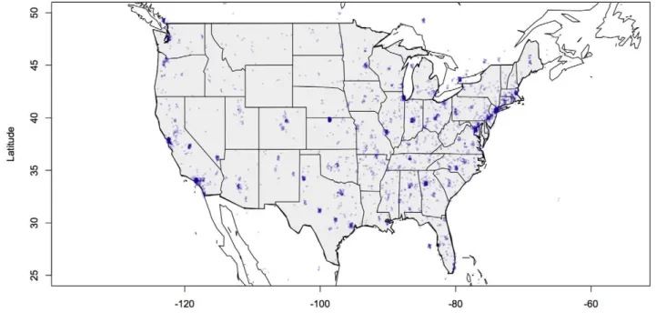 Figure 7. Plots of a subsample of 10,000 Twitter user locations. Panel A is the plot of just the center of the locations
