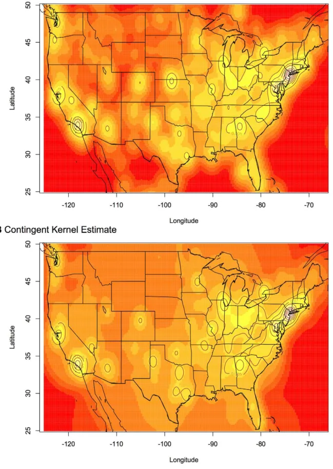 Figure 8. Standard and contingent kernel density estimates of the distribution of 10,000 Twitter users in the United States