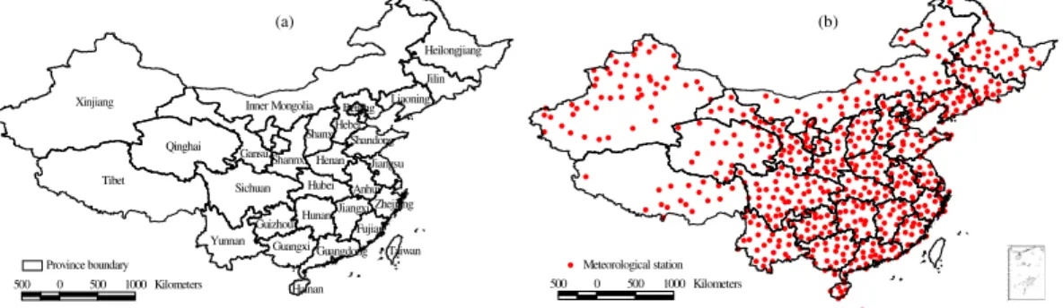 Figure 1. The administrative division (a) and the locations of 604 meteorological stations (b) in this study.
