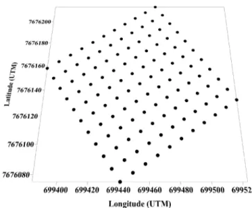 Figura 1. Pontos de amostragem (•) em malha regular  As amostras de solo foram submetidas à análise  granulométrica utilizando-se uma solução de NaOH 0,5 N; 