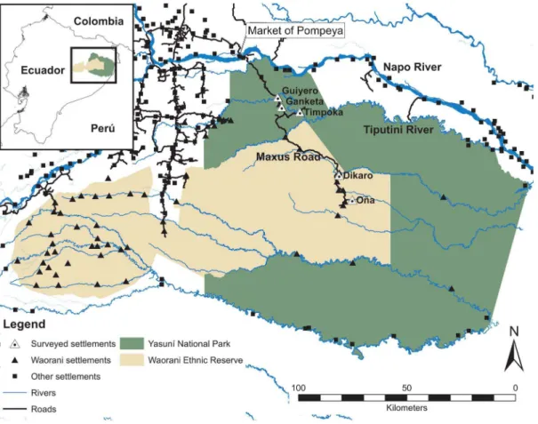 Fig. 1. Study area and surveyed settlements along the Maxus Road in Yasunı´ Biosphere Reserve.