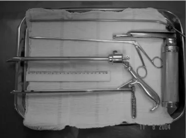 Figure 1. Instruments used: aspirator, straight laryngoscope, apprehen- apprehen-sion forceps and rigid esophagoscopes.