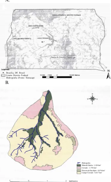 Figura 1.  Visualização da microbacia do córrego Capetinga na hidrogafia do Distrito Federal (A), e mapa de cobertura vegetal (B)
