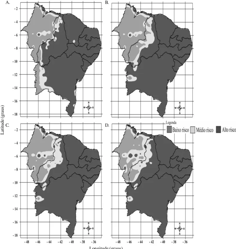 Figura 1.  Risco climático do algodão herbáceo semeado no segundo decêndio de novembro na região Nordeste do Brasil, para as condições climáticas atuais (A), aumento de 1,5 ºC na temperatura média do ar e 25% na precipitação pluvial (B); aumento de 3,0 ºC 