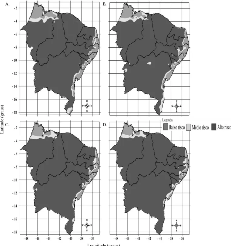 Figura 5.  Risco climático do algodão herbáceo semeado no segundo decêndio de março na região Nordeste do Brasil, para as condições climáticas atuais (A), aumento de 1,5 ºC na temperatura média do ar e 25% na precipitação pluvial (B),  aumento de  3,0 ºC n