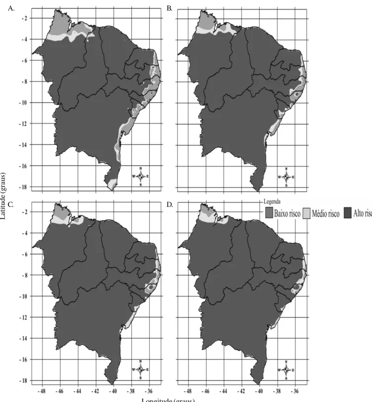 Figura 6.  Risco climático do algodão herbáceo semeado no segundo decêndio de março na região Nordeste do Brasil, para as condições climáticas atuais (A), aumento de 1,5 ºC na temperatura média do ar e redução de 25% na precipitação pluvial (B),  aumento d