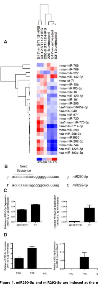 Figure 1. miR290-5p and miR292-5p are induced at the pro-B to pre-B transition. 1A. Heat-map representing levels of miRNAs from a microarray analysis of RNA purified from the indicated AMuLV cell lines cultured in the absence or presence of STI571 (2.5 mM,