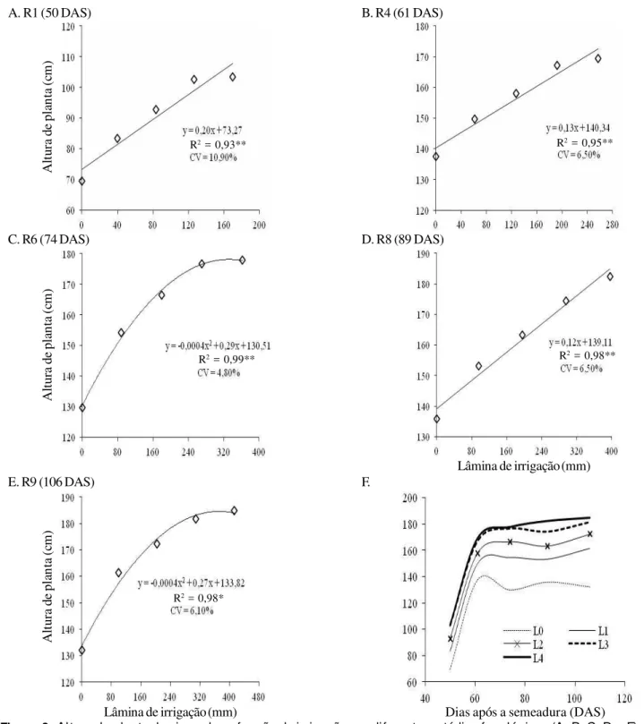 Figura 2.  Al tura de planta de girassol em função da irrigação em diferentes estádi os fenológicos (A, B, C, D e E) e em função de dias após semeadura (F)