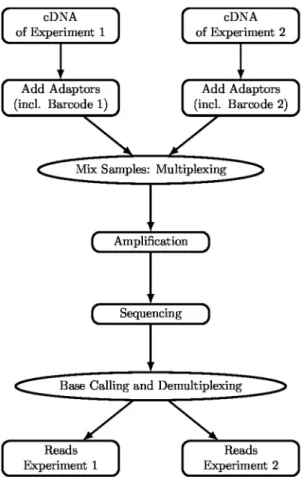 Figure 2. Communication theoretic model. In the upper part of the figure the general model is shown, while in the lower part an example is depicted: In particular the messages consist of the numbers 1,2,3,4 which are encoded using the code shown in the gre