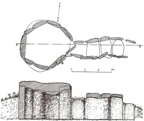 Figura 4 - Planta e Corte Longitudinal  do Dólmen 1 da Cerqueira,  delineada no  âmbito da primeira intervenção ao monumento em 1956.