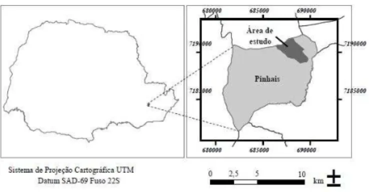 Figura 1.  Localização da área de estudo: Fazenda Experi- Experi-mental Canguiri (UFPR) no Município de Pinhais, PR