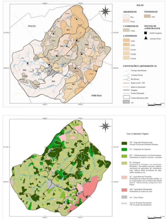 Figura 2.  Mapa s  de solos (A) e de uso e cobertura vegetal (B) da Bacia H idrográfica do Alto Meia Ponte, Goiás