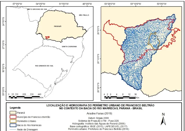 Figura 1: Francisco Beltrão / Brasil – mapa de localização do município e da hidrografia do perímetro  urbano